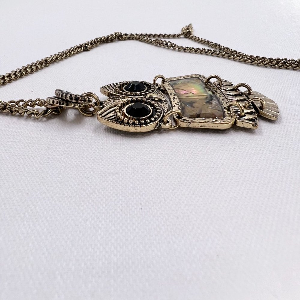 Abalone Inlayed Jointed Owl Pendant Antiqued Gold Tone 30” Chain Necklace - Picture 7 of 7